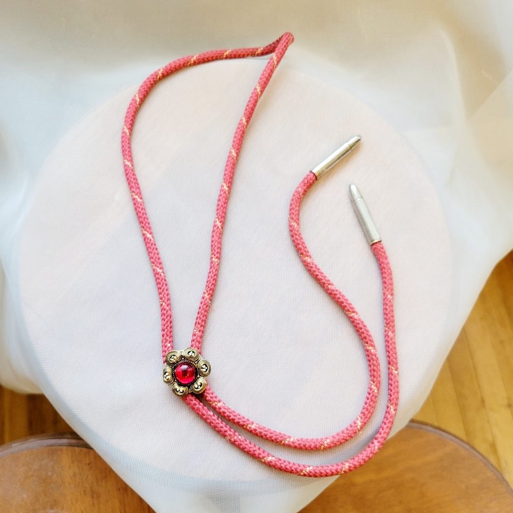 Bolo tie • Retro vintage style • Red and gold cord with Jeweled flower slide